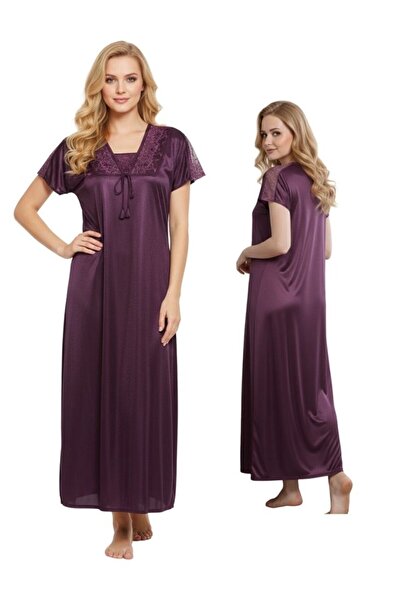 Comfort Women Plum Purple Satin Maxi Night Dress Elegant Lace Panel Nightwear