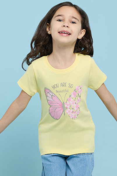 R&B Girl's Yellow Printed T-Shirt with Crew Neck and Short Sleeves