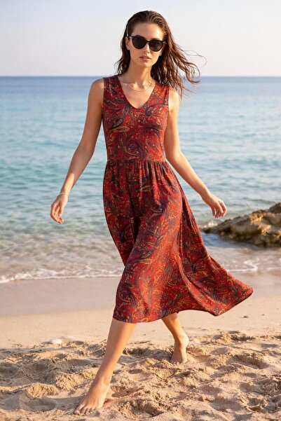 POİSE 2-Piece Women's Tropical Red Patterned Summer V-Neck Viscose Dress Poly...