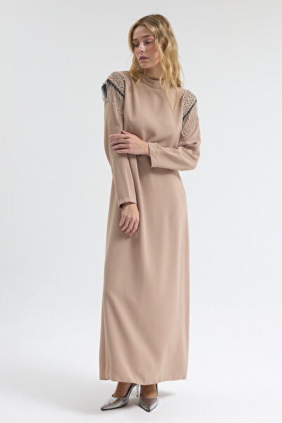 VAVİNOR Omuz Taş Detaylı Elbise - Bej