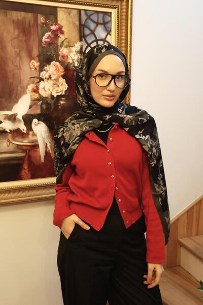 Şalland Vera Patterned Cotton Viscose Shawl Gray