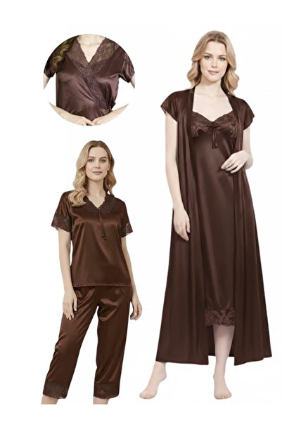 Comfort Women Chocolate Brown Satin Pajama Set with Lace Trim Matching Robe