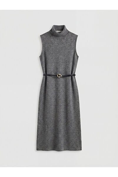 LC Waikiki Xside Anthracite Turtleneck Belt Pack Knit Dress