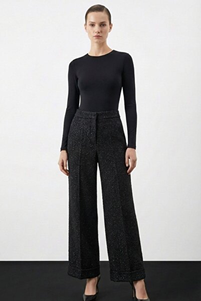 Mizalle Geniş Double Paça Simli Siyah Tüvit Pantolon