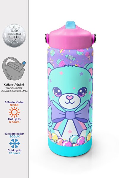 Coral High Milka Şeker Ayıcık Desenli Katlanır Ağızlıklı Çelik Termos 650 ml ...