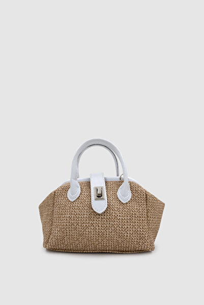 Wuclo Drisa Lock Detailed Cross Strap Straw Handbag White