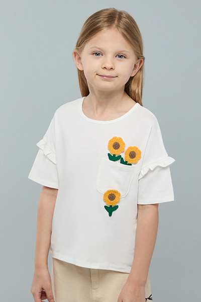 R&B Girl's White Crochet Detail T-Shirt With Crew Neck And Short Sleeves