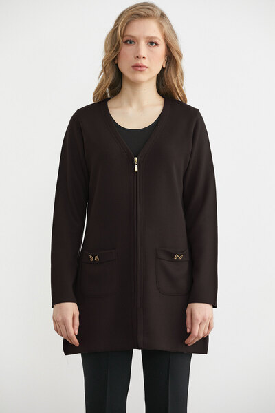 Sementa Jachetă lungă din tricot cu închidere cu fermoar și detaliu buzunar -...