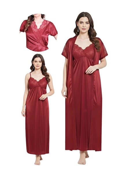 Comfort Women Wine Red Satin 2 Piece Nightdress Set Lace Inner Gown Robe