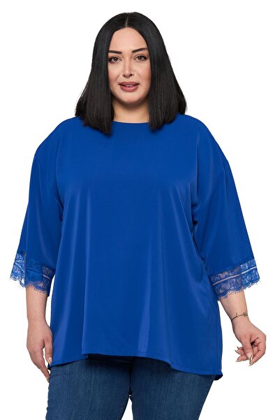 DISENTIS MODEST Plus Size Lace Detailed Half Sleeve Saks Blue Blouse