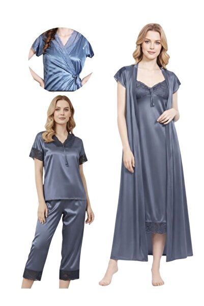 Comfort Women Grey Satin Nightwear Set with Long Robe Lace Trim Luxury Sleepwear