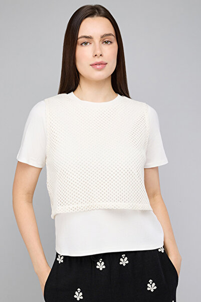 R&B Women's Cream Solid T-Shirt with Crochet Top