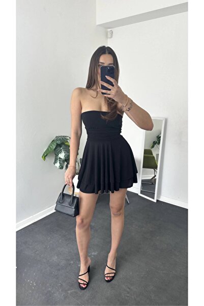 SEVENLINE Women's Black Strapless Sandy Fabric Lined Mini Dress with Inner Sh...