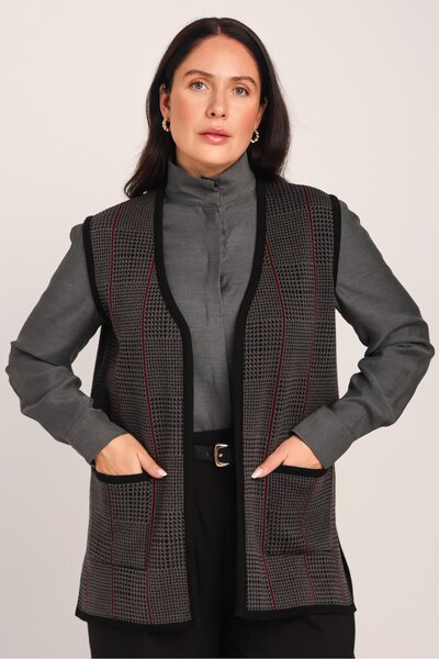 Uludağ Triko Women's Smoked Black Pocketed V-Neck Plaid Knitwear Mother Vest