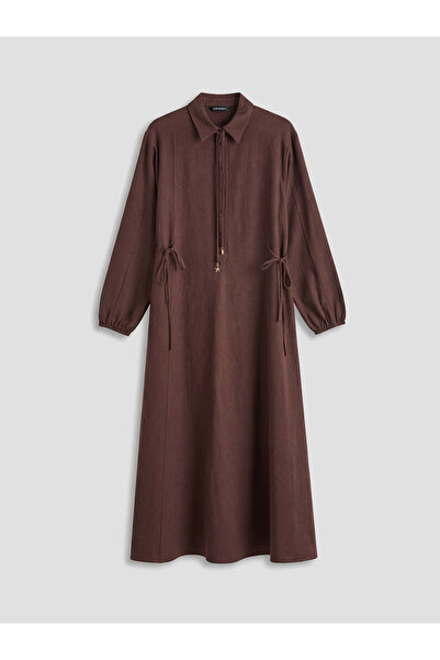 LC Waikiki Brown Shirt Collar A-Line Linen Mixed Dress from Giyçık Store