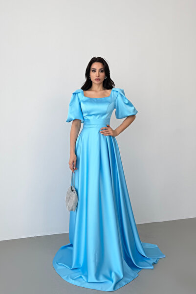 Serica Moda Baby Blue Square Neck Balloon Sleeve Maxi Evening Dress