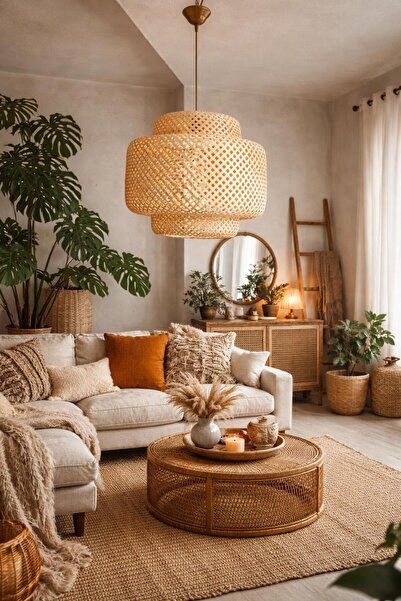 ABAJUR EVİM Trudy 30*30 bambu Modern Tasarım Oturma Odası Avize