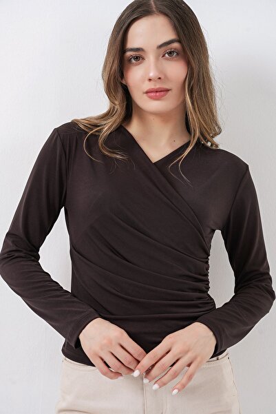 Hiccup Bdart Double-Breasted Collar Ruched Detail Long Sleeve Blouse