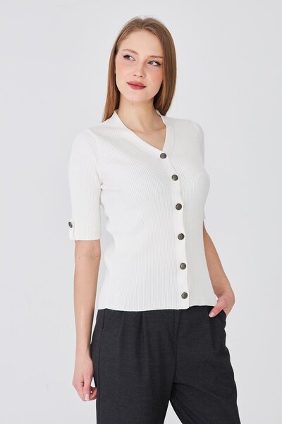 Irmak Kerekli Women's Epaulet Buttoned Short Sleeve Ribbed Knitwear Cardigan ...