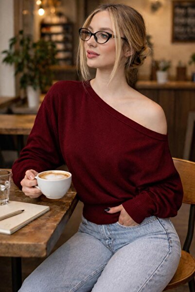 STF MODA Women's Popular Asymmetrical Boat Neck Knitwear Sweater Burgundy