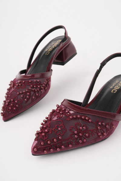 bakacstore Women's Burgundy Embroidered and Beaded Heeled Shoes