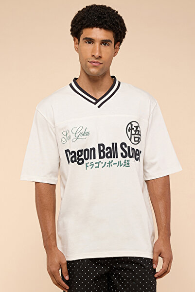 R&B Men's Cream Typography Print T-Shirt with V-Neck and Short Sleeves