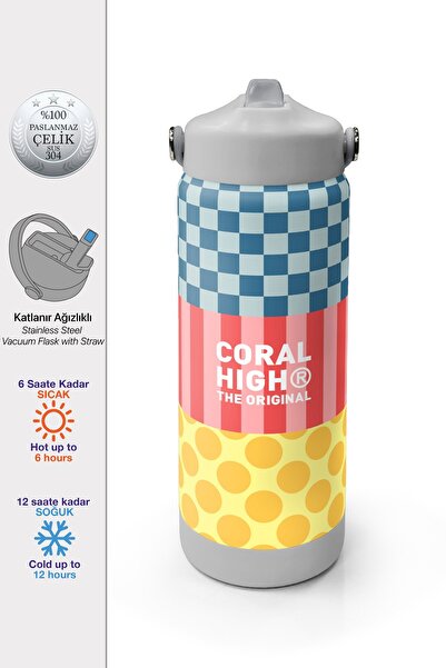 Coral High Çok Renkli Dama Çizgi Puantiye Desenli Katlanır Ağızlıklı Çelik Te...