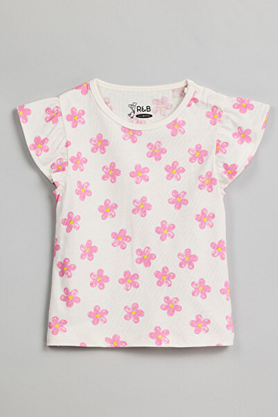 R&B Girl's Cream Printed Top with Crew Neck and Flutter Sleeves