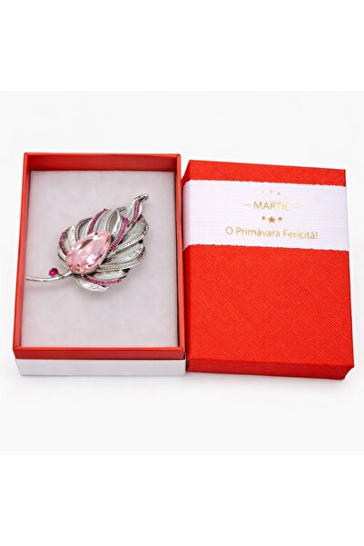 OEM Broșă Elegantă Frunză Argintie cu Cristal Roz – Mărțișor – Accesoriu Deli...