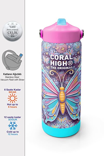 Coral High Pastel Renkli Kelebek Desenli Katlanır Ağızlıklı Çelik Termos 650 ...