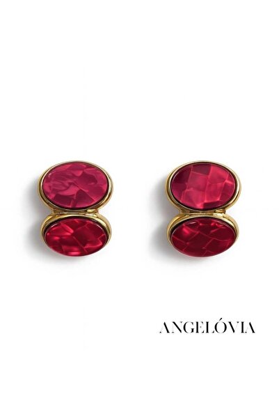 Angelovia Oval Modern Formula Red Stone Steel Earrings