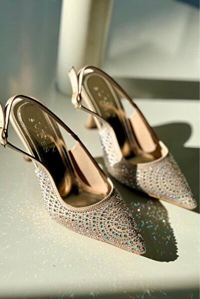 yezy shoes Stone Detailed Satin Thin Heeled Shoes Women's Stiletto