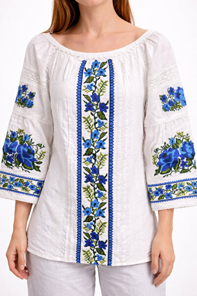 Nobrand Traditional blue embroidered ladies blouse with flowers, authentic Ro...