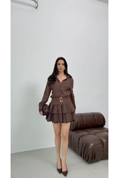 Elaxi Women's Layered Skirted Lace Belted Long Sleeve Mini Crepe Dress