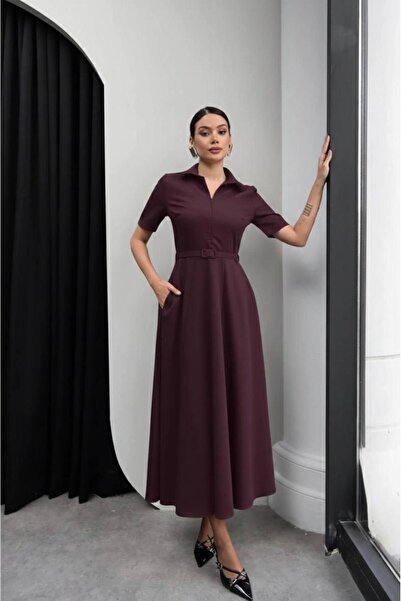 maf collection Women's Plum Shirt Collar Belt and Zipper Detail Dress