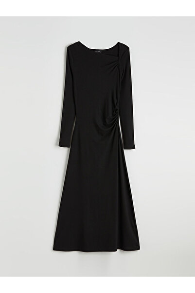 LC Waikiki Lcw Vision Black Boat Neck Gathered Dress