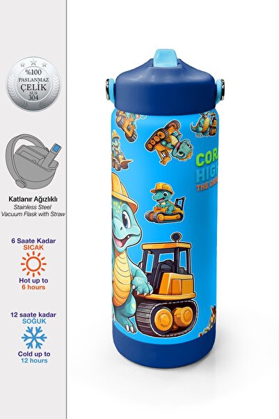 Coral High Mavi Turuncu Dinozor Desenli Katlanır Ağızlıklı Çelik Termos 650 m...