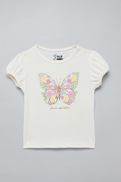 R&B Girl's Cream Printed T-Shirt with Crew Neck and Puff Sleeves