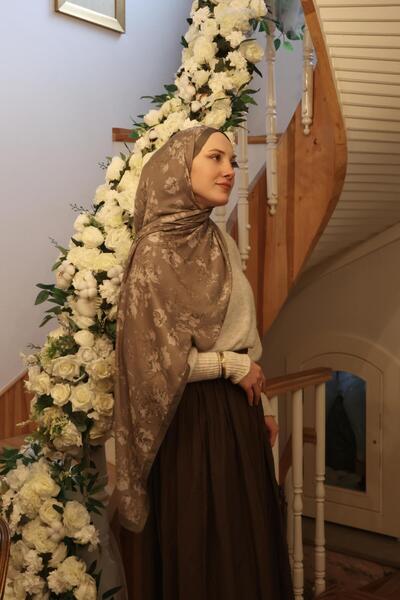 Şalland Vera Patterned Cotton Viscose Shawl Mink