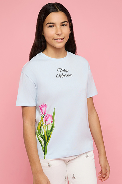 R&B Girl's Blue Printed T-Shirt with Crew Neck and Short Sleeves