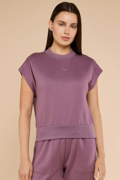 R&B Women's Purple Solid Top with Mock Neck and Short Sleeves