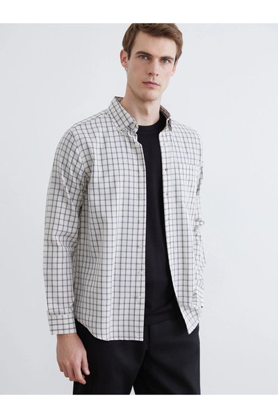 LC Waikiki Southblue Ecru Regular Fit Long Sleeve Plaid Men's Lumberjack Shirt