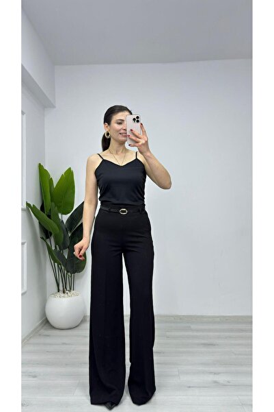TUNAM BUTİK 9150 Lycra Side Zipper Belted Palazzo Trousers Black