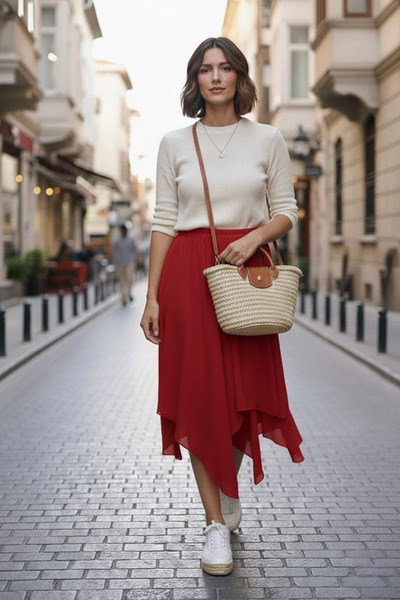 MİNUSA DESİGN Women's Asymmetrical Banana Crepe Double Layer Comfortable Fit ...