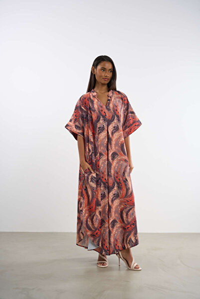 HANIQA PATTERNED V-NECK LONG DRESS