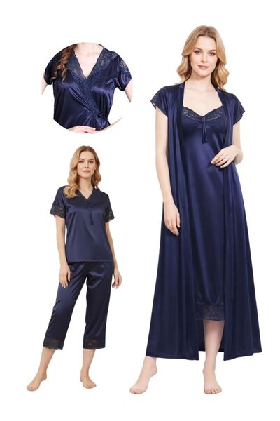 Comfort Women Navy Blue Satin 3 Piece Nightwear Set with Robe Lace Details