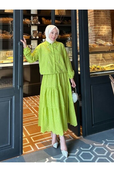 Kirazgym Women's Scallop Detailed Blouse Skirt Hijab Set - Olive Green