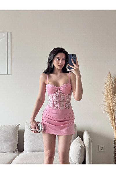 Zoom Butik Bel Korse Dantel Detay Elbise - PEMBE