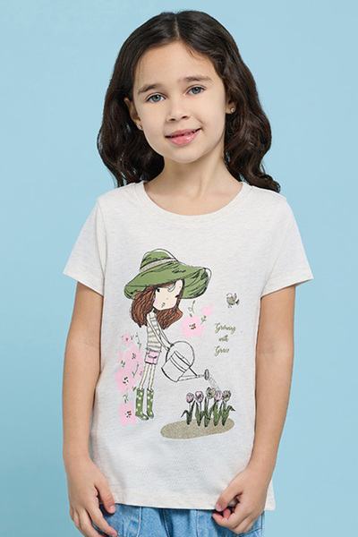 R&B Girl's Ecru Printed T-Shirt with Crew Neck and Short Sleeves