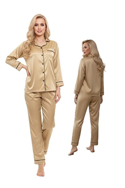 Comfort Women Champagne Gold Satin Button Down Pajama Set Full Sleeve Night Suit